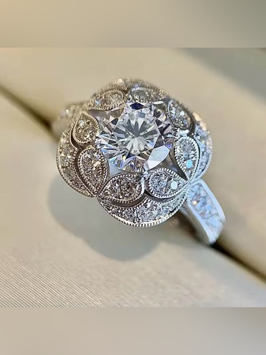 Zara Jewelry - Sterling Silver Halo Flower Engagement Ring with Clear Center Stone